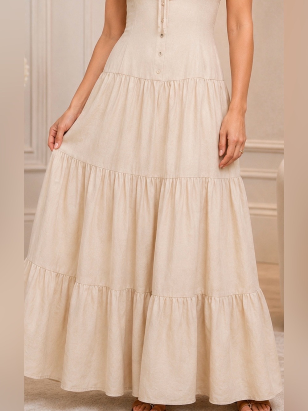 🆕 Lioness Linen Maxi Dress XL 🤎Wheat /Neutral Beige Button Front Boho Luxe NWT - Picture 16 of 16